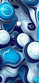 Abstract blue swirl pattern with dynamic spherical shapes.