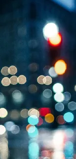 Abstract bokeh of city lights in blue hues, creating a dreamy urban scene.