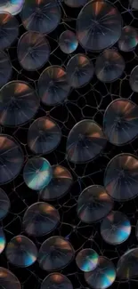 Abstract art wallpaper with luminous bubbles on dark background.