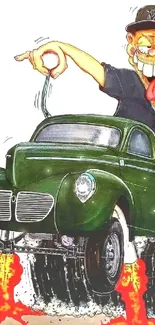 Cartoon character driving a green vintage car with flames.