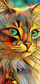 Vibrant abstract cat art with colorful patterns and striking design.