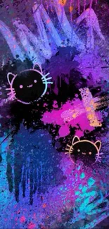 Abstract graffiti wallpaper with cat faces in purple and blue tones.