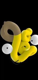 3D abstract yellow character with large eyes on black background.