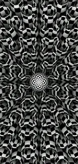 Abstract black and white circular pattern creating an optical illusion effect.