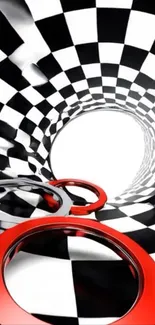 3D abstract checkered design with red rings creating an optical illusion.