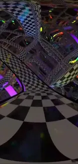 Abstract checkered design with vibrant neon colors creating a visual illusion.