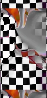 Abstract checkered design with vibrant swirls.