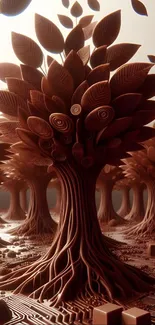 3D abstract chocolate tree design with intricate leaves in forest setting.