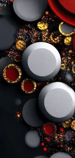 Abstract wallpaper with circles and textures in red, black, and metallic hues.
