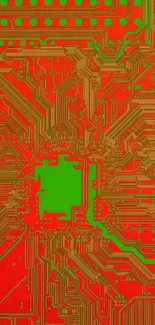 Colorful abstract circuit board design in red and green hues.