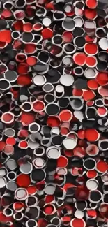 Abstract wallpaper with red circles and geometric pattern.