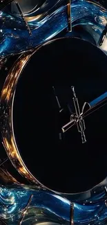 Abstract clock face with blue and metallic design.