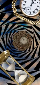 Abstract wallpaper with clocks, spiral design, and gold accents.