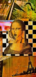 Abstract collage with Mona Lisa and checkerboard pattern on vibrant orange background.