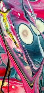 Colorful abstract fluid art wallpaper with pink, red, and blue swirls.