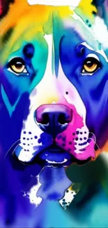 Abstract colorful dog portrait in vibrant hues for mobile wallpaper.