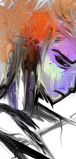 Abstract colorful portrait art with purple and orange hues.