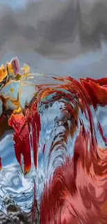 Abstract colorful waves art featuring red and orange tones.