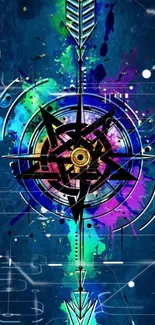 Colorful abstract compass design on a dark blue background.