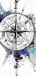 Abstract compass design with ink splatters in vibrant colors on white background.