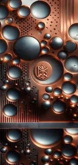 Abstract wallpaper with copper and black circular design.