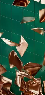 Abstract copper shapes on green tiled background wallpaper.