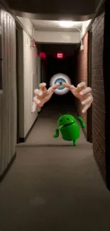 Surreal hallway with Android and reaching hands.