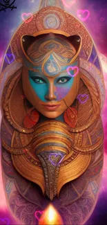 Cosmic goddess with purple and gold hues surrounded by floating hearts.