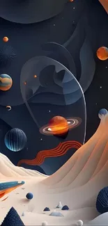 Abstract cosmic landscape with planets and waves in vibrant colors.