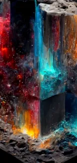 Abstract cosmic landscape with vibrant colors and textures in mobile wallpaper.