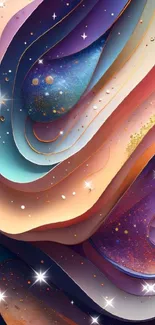 Abstract cosmic wallpaper with layered art in blue, purple, and pastel hues.