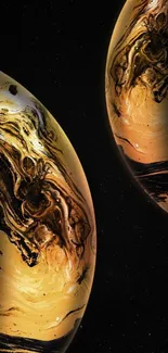 Abstract golden marble planets on a cosmic background.