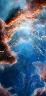 Abstract cosmic nebula art with vibrant blues and fiery orange clouds