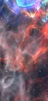 Abstract cosmic wallpaper with red nebula and starry details.