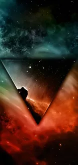 Abstract space wallpaper featuring a glowing triangle and cosmic clouds.