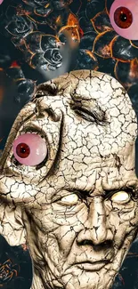 Abstract cracked face with floating eyes in dark gray tones.