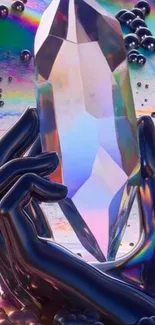 Abstract art of hands holding a luminous crystal with multicolor background.