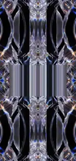 Abstract crystal pattern with symmetrical design and dark background.