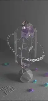 Abstract crystal with purple roses and a metallic chain on a gray background.