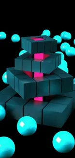 3D abstract cubes and glowing spheres wallpaper.