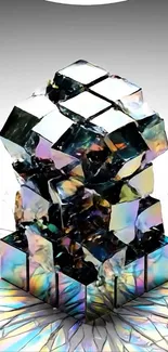 Abstract cube artwork with iridescent colors and cracked patterns.