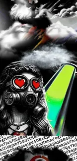 Dark abstract wallpaper with gas mask and neon.