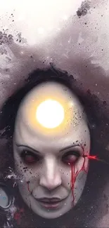 Mysterious dark abstract face with glowing forehead in artistic design.