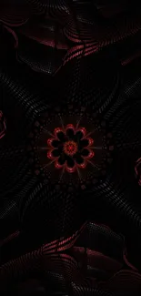 Dark abstract kaleidoscope design wallpaper with red accents.