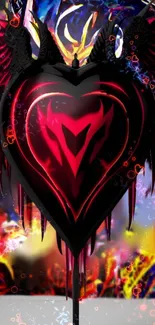 Dark heart with wings on a colorful abstract background.