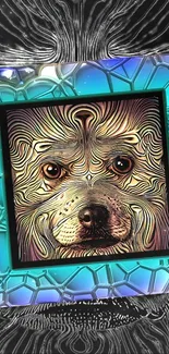 Abstract art wallpaper with dog and geometric teal frame.