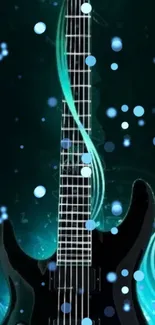 Abstract teal electric guitar wallpaper with dynamic blue accents.