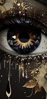 Abstract eye art with golden floral accents mobile wallpaper.