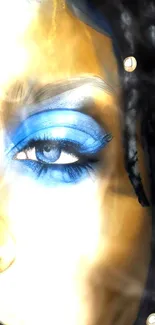 Close-up abstract eye with blue makeup, artistic style.