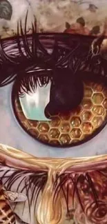 Surreal eye art with honeycomb and bees.